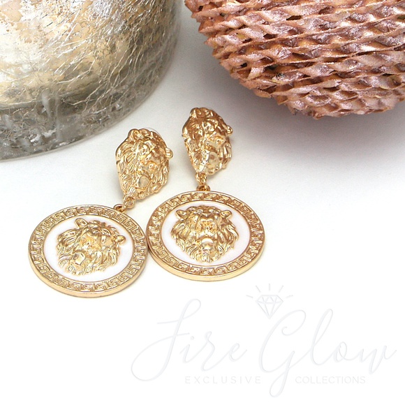 White and Gold Tone Framed Lion Earrings - Picture 5 of 8